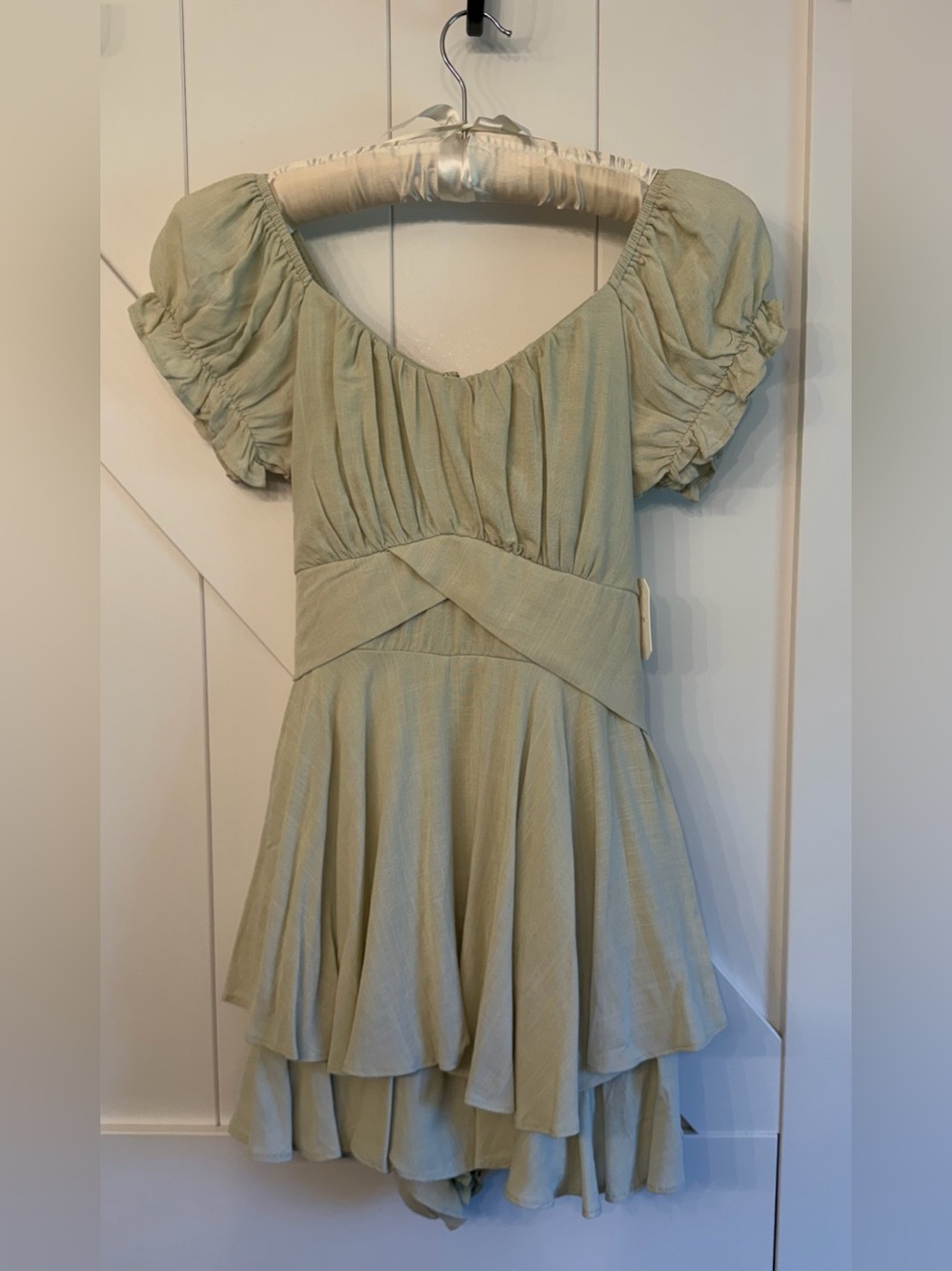 Altar’d State Puff Sleeve Sage Green Crossover Waist Romper
